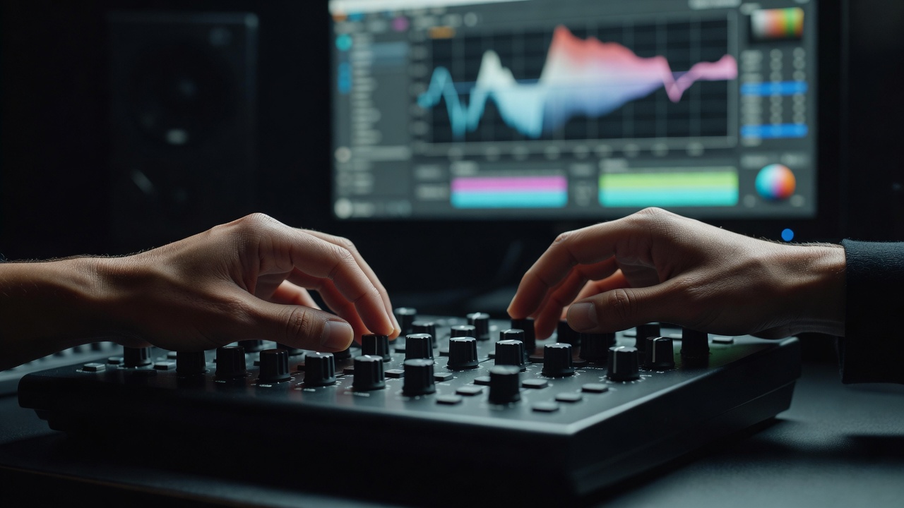 Hands adjusting the dials of an editing control surface, with a colour-correction scope softly out of focus on the monitor