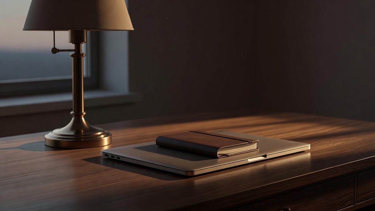 Close-up of a tidy desk in evening light with a switched-off lamp, a closed laptop and a notebook resting on top