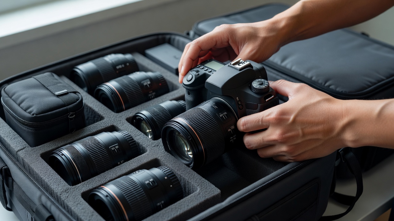 Hands placing a camera body into a padded bag insert beside neatly arranged lenses and a battery pouch