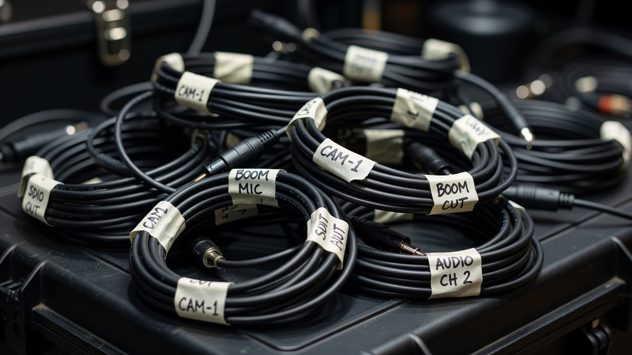 Shallow-focus detail of coiled camera and audio cables, each wrapped with a hand-written masking tape label