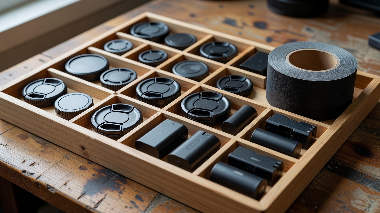Detail of a shallow wooden tray holding sorted lens caps, spare batteries and a roll of gaffer tape on a work surface