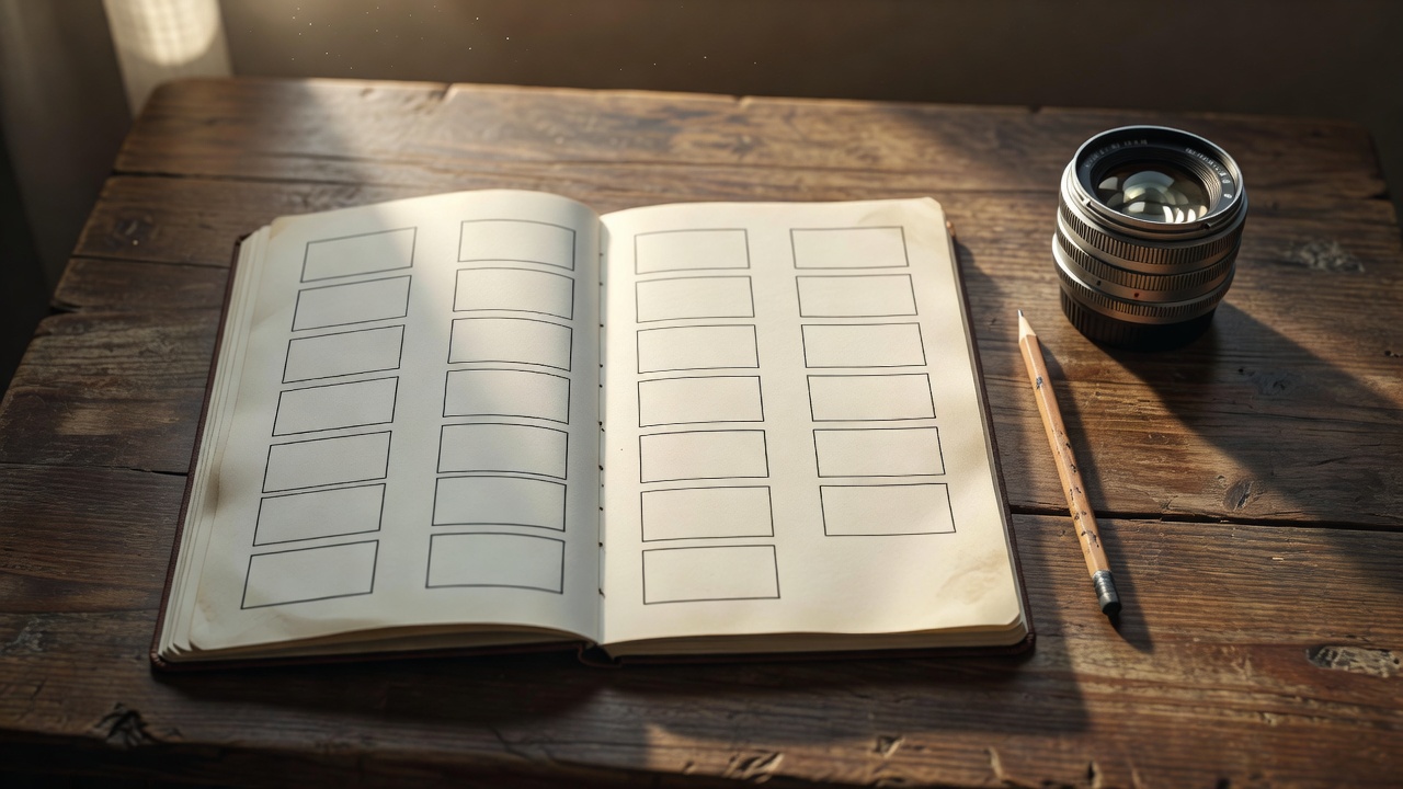 Open notebook on a wooden desk showing a hand-drawn shot list with numbered frames, next to a pencil and a camera lens